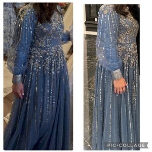 Mac Duggal Blue and Silver Embroidered Long Sleeve Dress